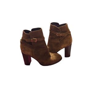 J Crew  Suede Wraparound Buckle Ankle Boots, Vintage Amber block heel